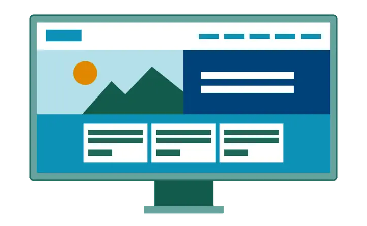 Animated illustration of a website appearing on a computer, tablet and phone
