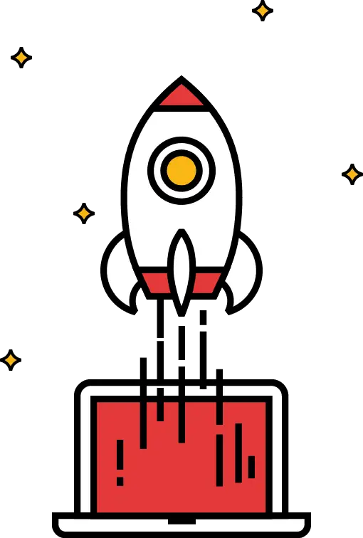 Animated illustration of a rocket launching from a laptop