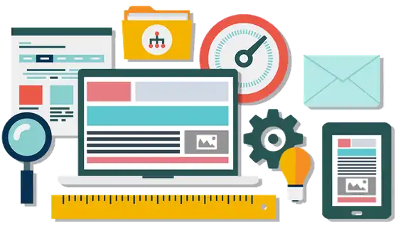 Animated illustration of website and search tools: a browser, magnifying glass, settings cog and analytics
