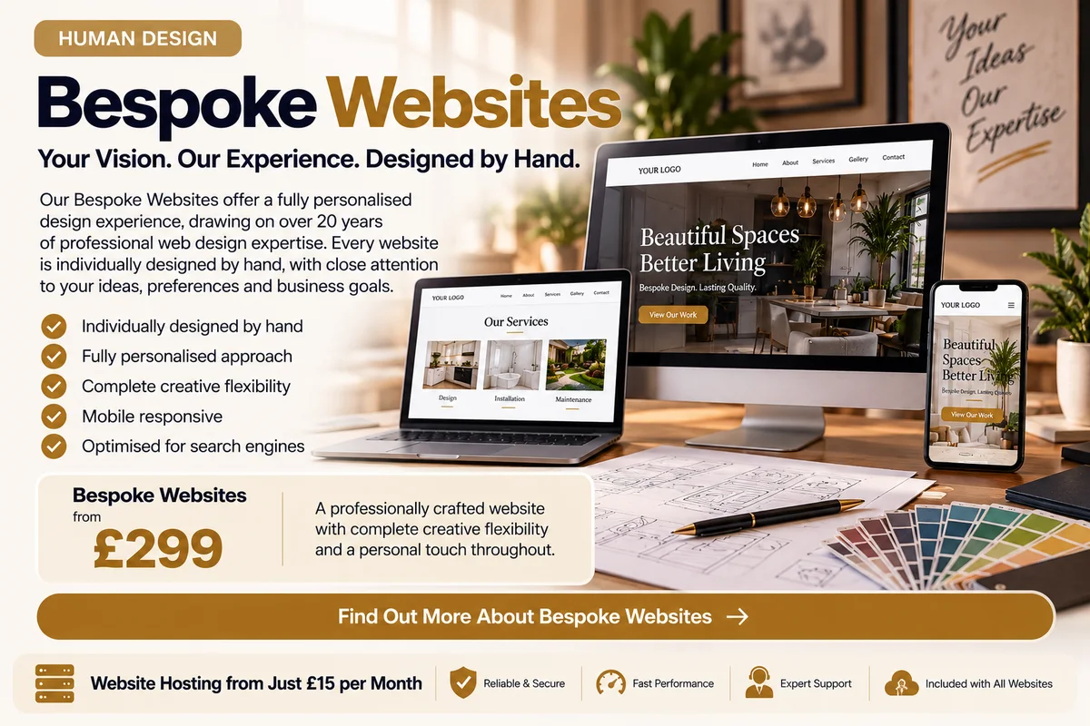 Bespoke websites, human design: your vision, our experience, designed by hand. Individually designed, fully personalised, complete creative flexibility. Bespoke websites from £299. Hosting from £15 per month.