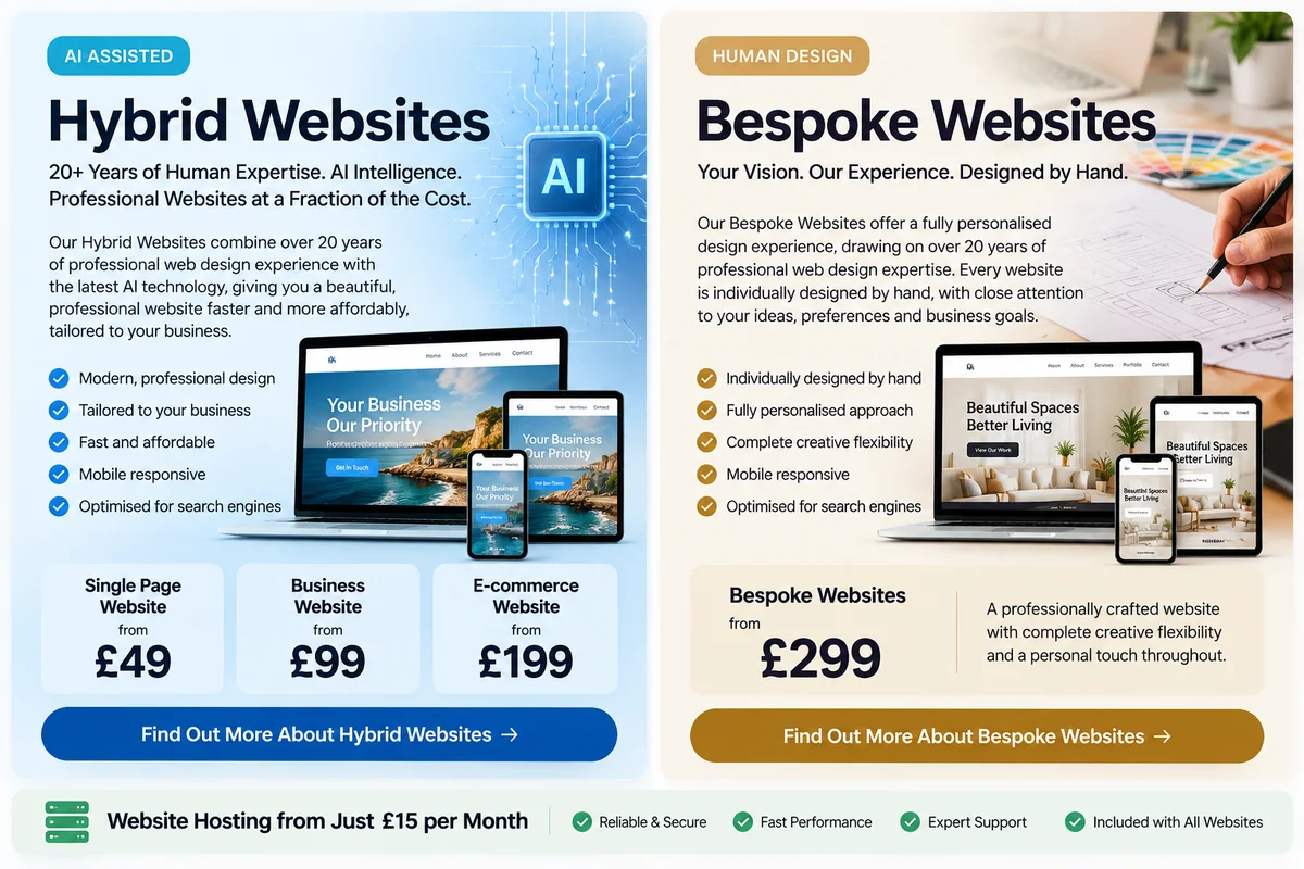 Hybrid websites from £49, £99 and £199 beside bespoke websites from £299, with website hosting from just £15 per month, included with all websites.