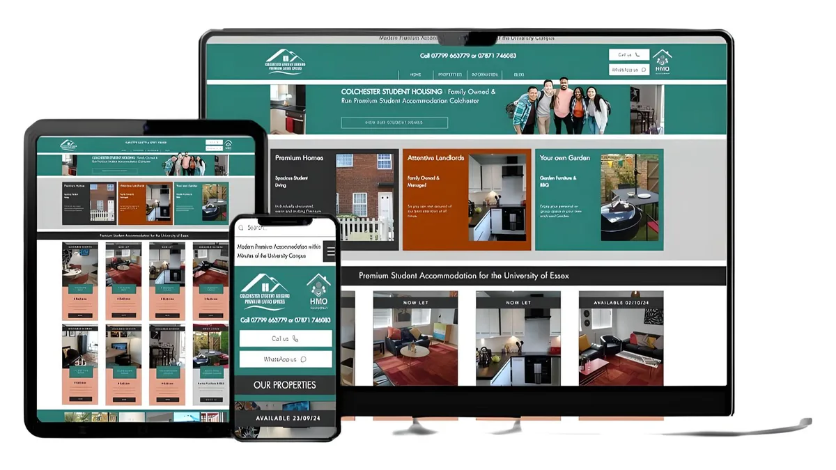 Colchester Student Housing website shown on a computer, tablet and phone