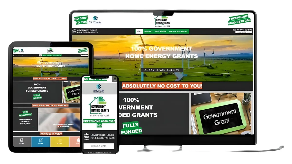 Government Heating Grants website shown on a computer, tablet and phone