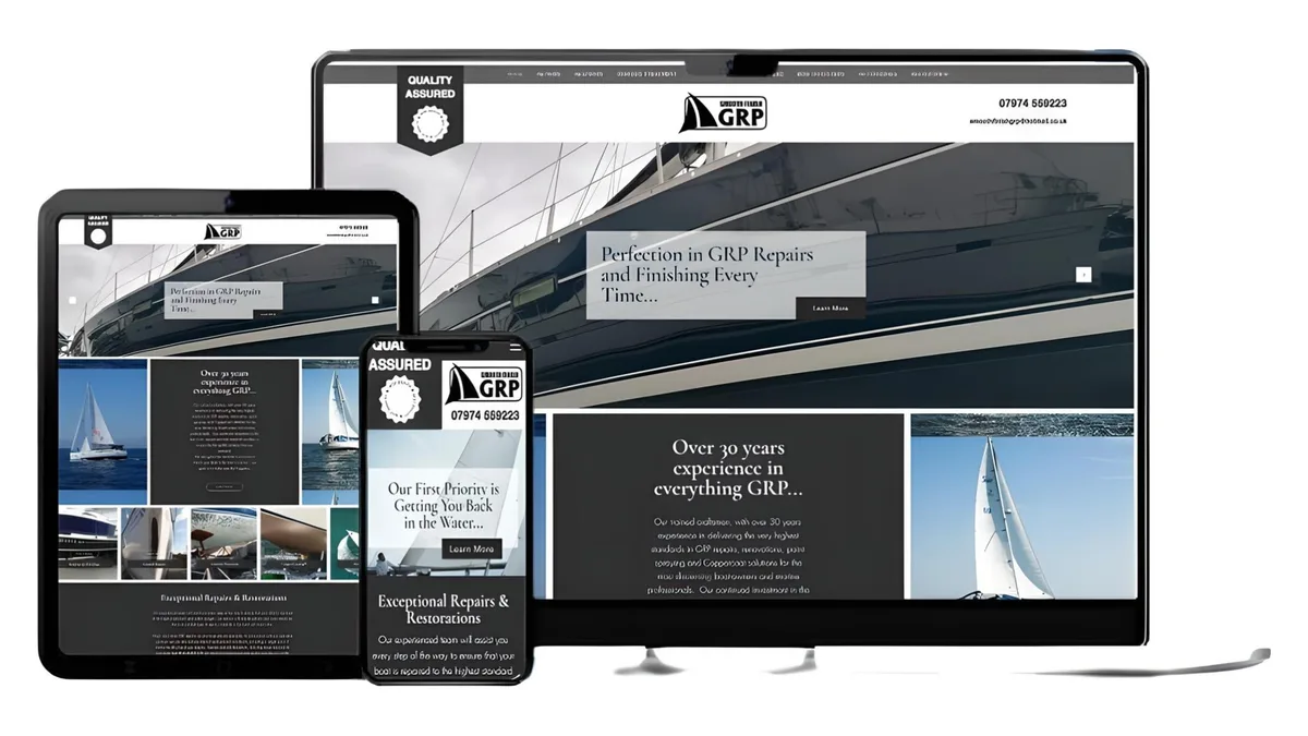 GRP repairs and finishing website shown on a computer, tablet and phone