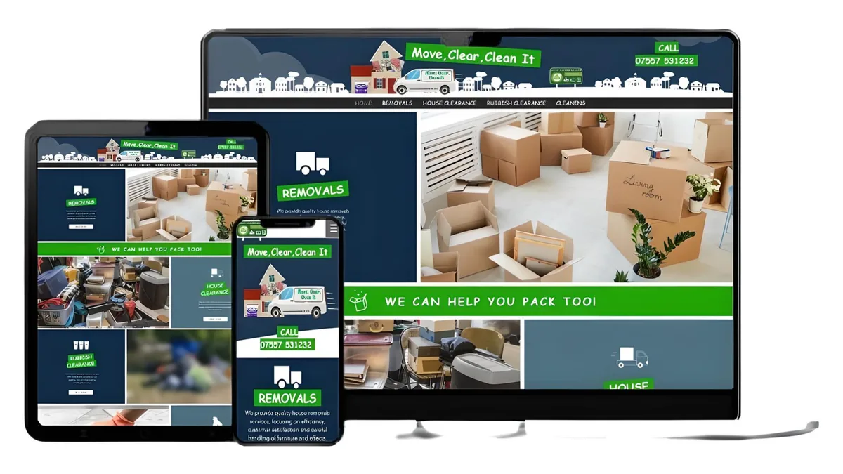 Move, Clear, Clean It website shown on a computer, tablet and phone