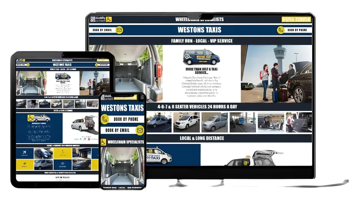 Westons Taxis website shown on a computer, tablet and phone